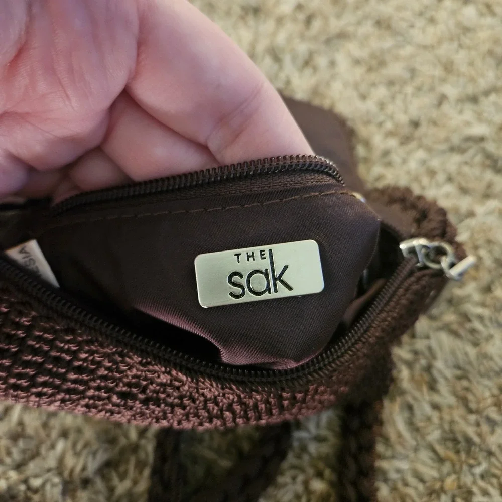 The Sak Brown Crochet Knit Flap Crossbody Bag Purse Small Boho Classic